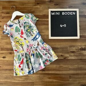 Mini Boden Gray Yellow Green Woodland Fox Rayon Short Sleeve Drop Waist Dress